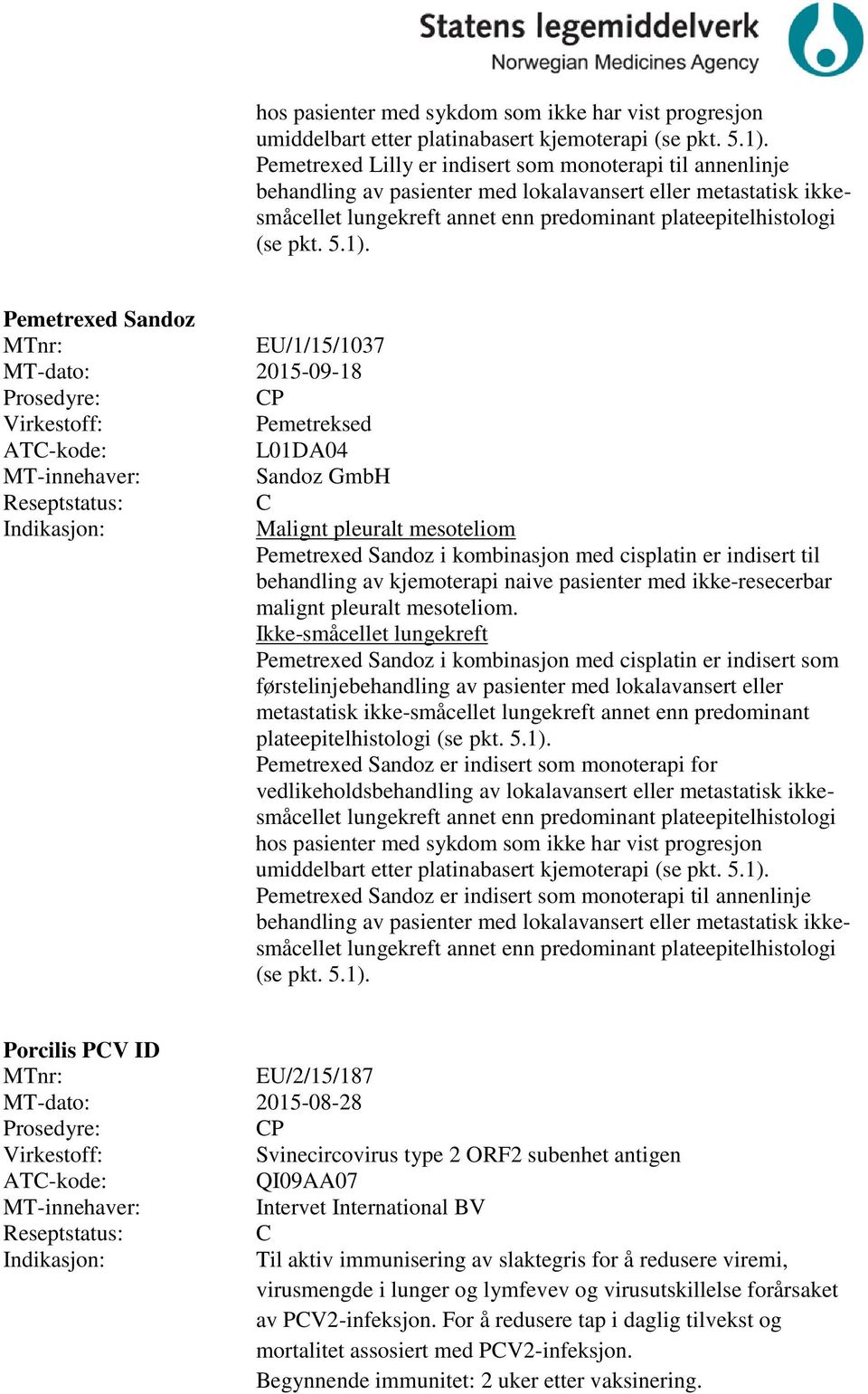 1). Pemetrexed Sandoz EU/1/15/1037 MT-dato: 2015-09-18 P Pemetreksed L01DA04 Sandoz GmbH Malignt pleuralt mesoteliom Pemetrexed Sandoz i kombinasjon med cisplatin er indisert til behandling av