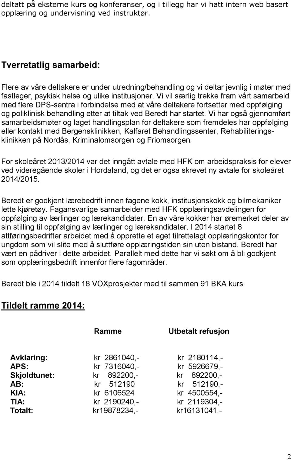 Vi vil særlig trekke fram vårt samarbeid med flere DPS-sentra i forbindelse med at våre deltakere fortsetter med oppfølging og poliklinisk behandling etter at tiltak ved Beredt har startet.