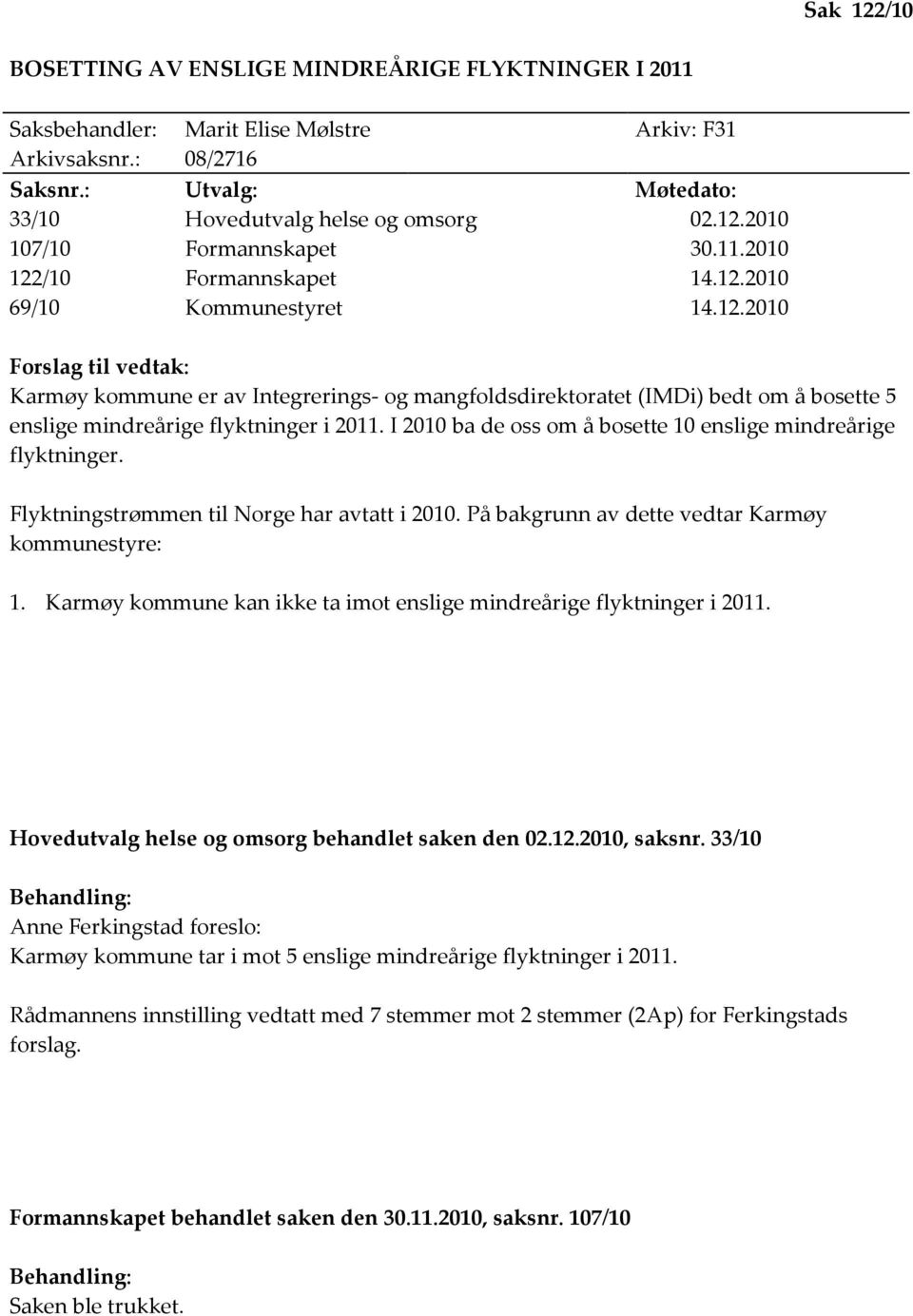 I 2010 ba de oss om å bosette 10 enslige mindreårige flyktninger. Flyktningstrømmen til Norge har avtatt i 2010. På bakgrunn av dette vedtar Karmøy kommunestyre: 1.