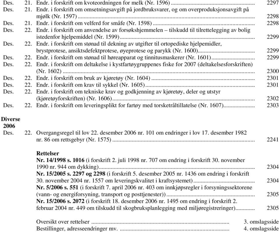 .. 2299 Des. 22. Endr. i forskrift om stønad til dekning av utgifter til ortopediske hjelpemidler, brystprotese, ansiktsdefektprotese, øyeprotese og parykk (Nr. 1600)... 2299 Des. 22. Endr. i forskrift om stønad til høreapparat og tinnitusmaskerer (Nr.