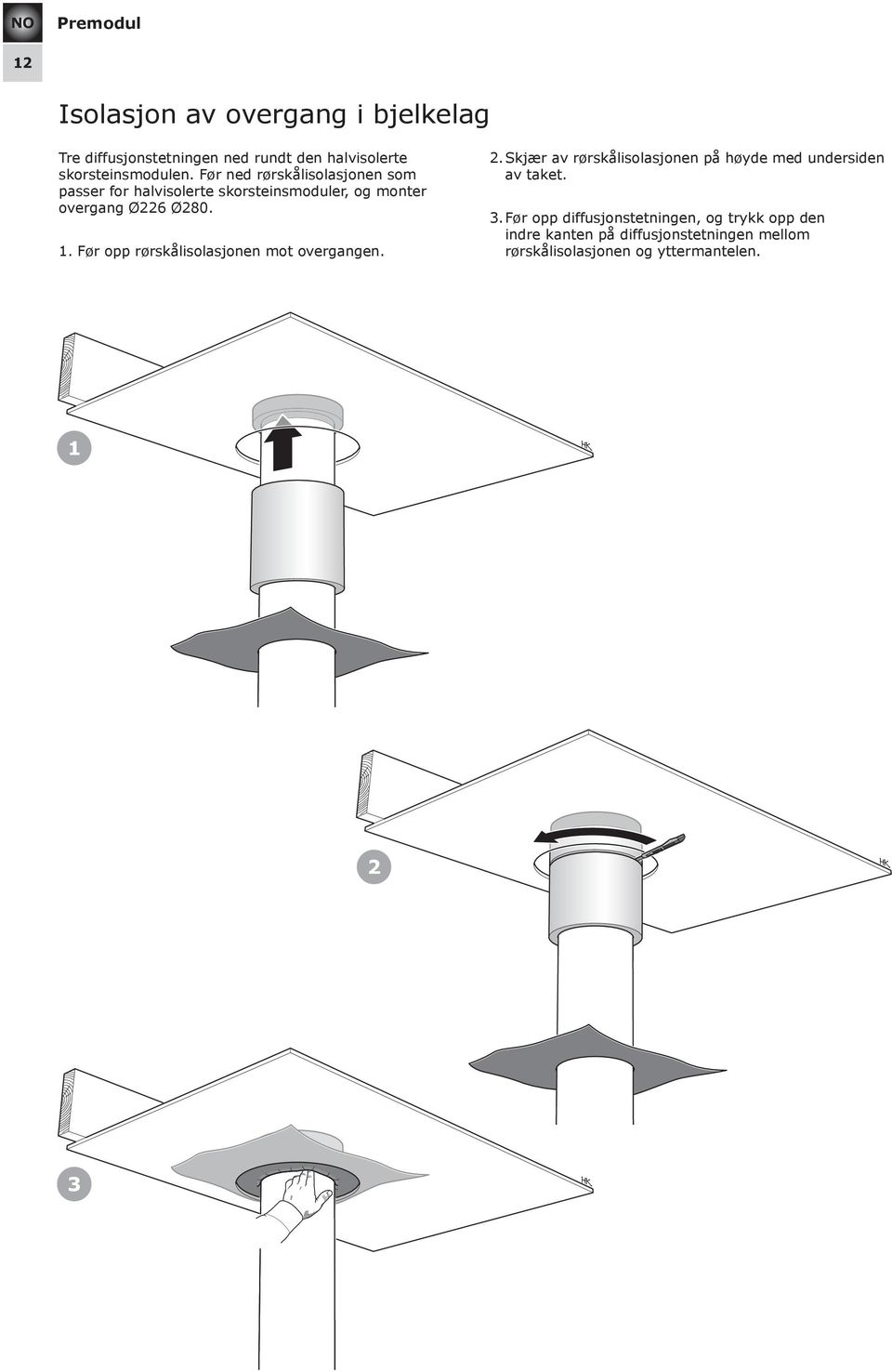 Før opp rørskålisolasjonen mot overgangen. 2. Skjær av rørskålisolasjonen på høyde med undersiden av taket. 3.
