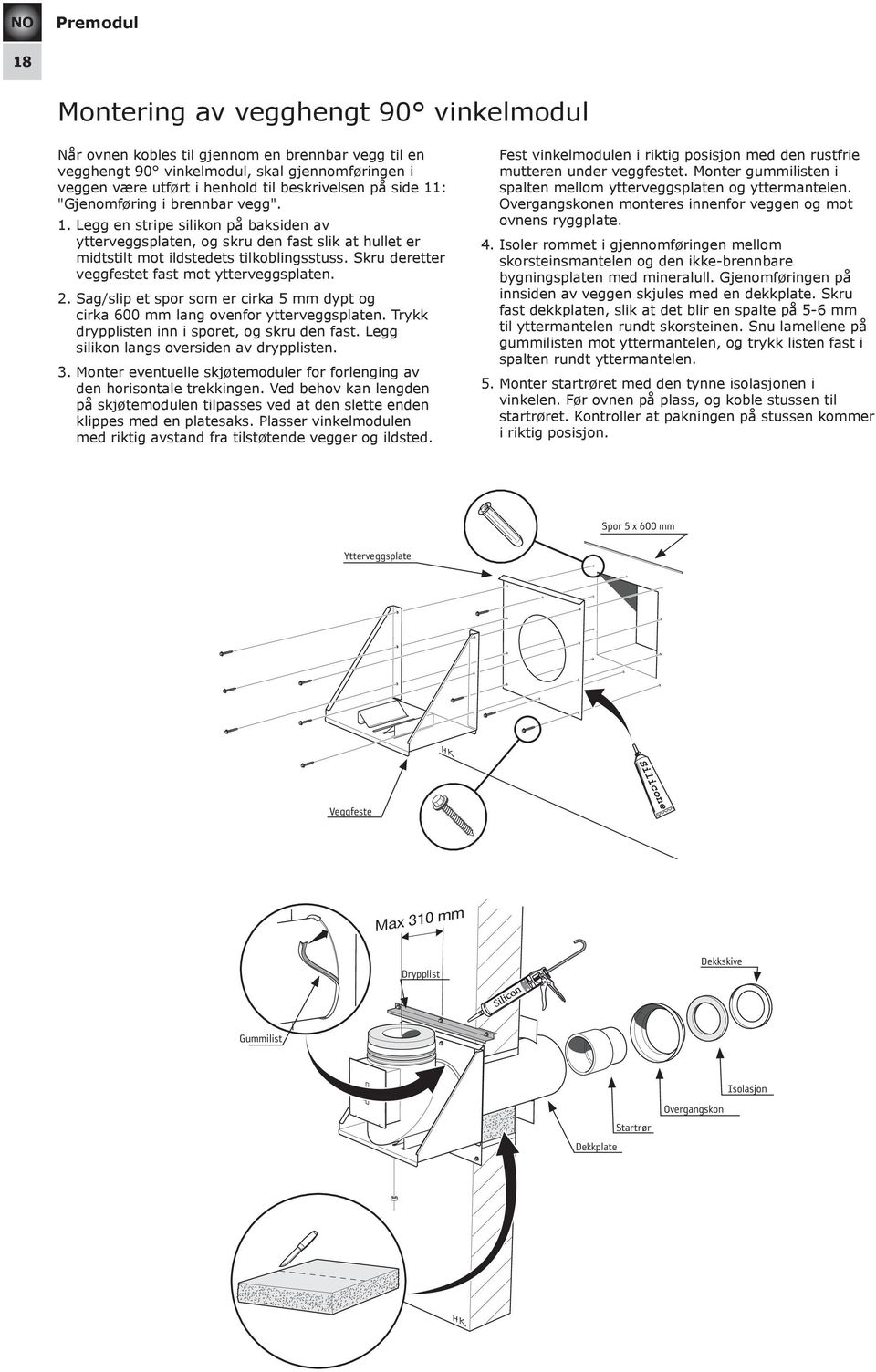 Skru deretter veggfestet fast mot ytterveggsplaten. 2. Sag/slip et spor som er cirka 5 mm dypt og cirka 600 mm lang ovenfor ytterveggsplaten. Trykk drypplisten inn i sporet, og skru den fast.