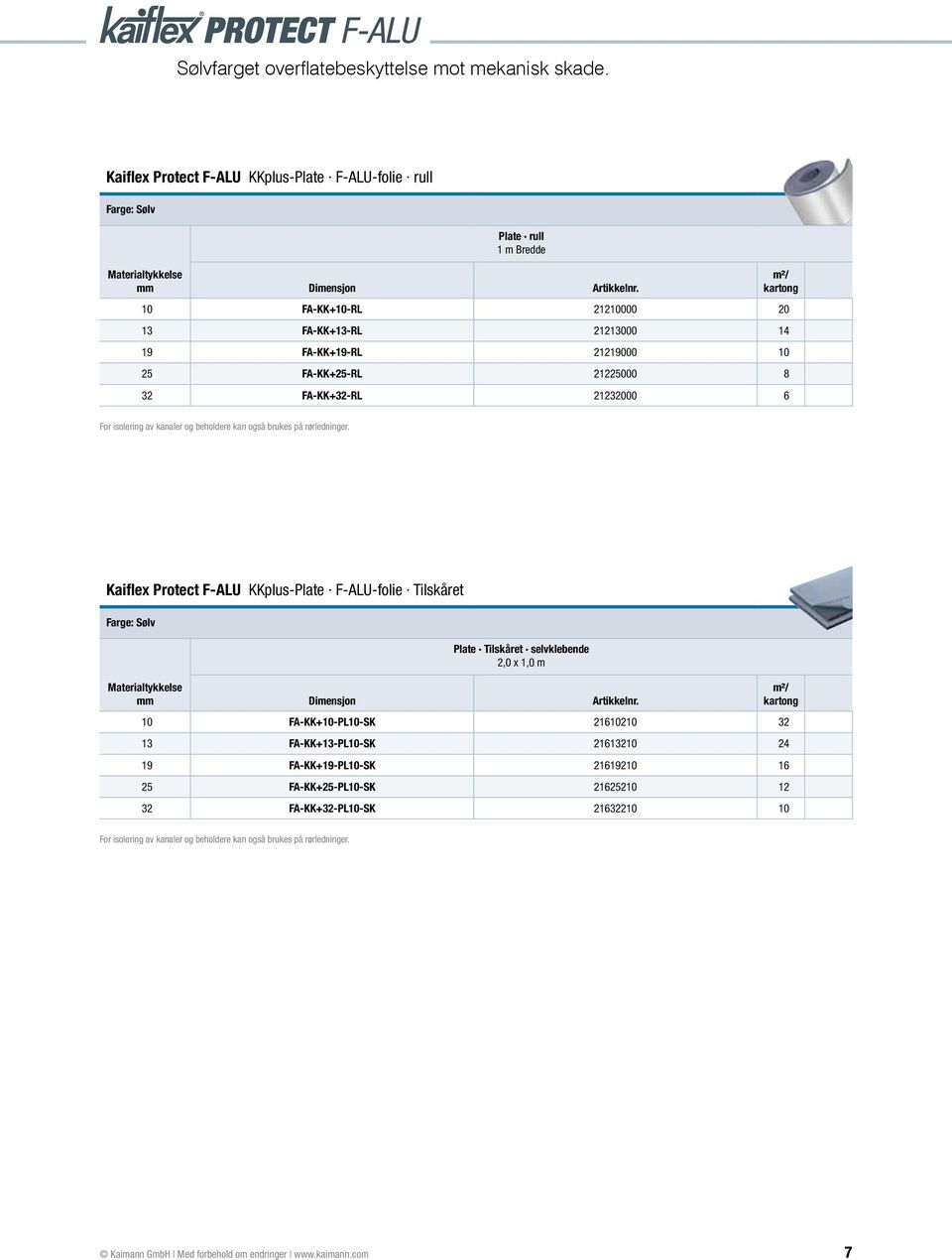 rrledninger. Kaiflex Protect F-ALU KKplus-Plate F-ALU-folie Tilskåret Farge: Slv Materialtykkelse Dimensjon Plate Tilskåret selvklebende 2,0 x 1,0 m Artikkelnr.