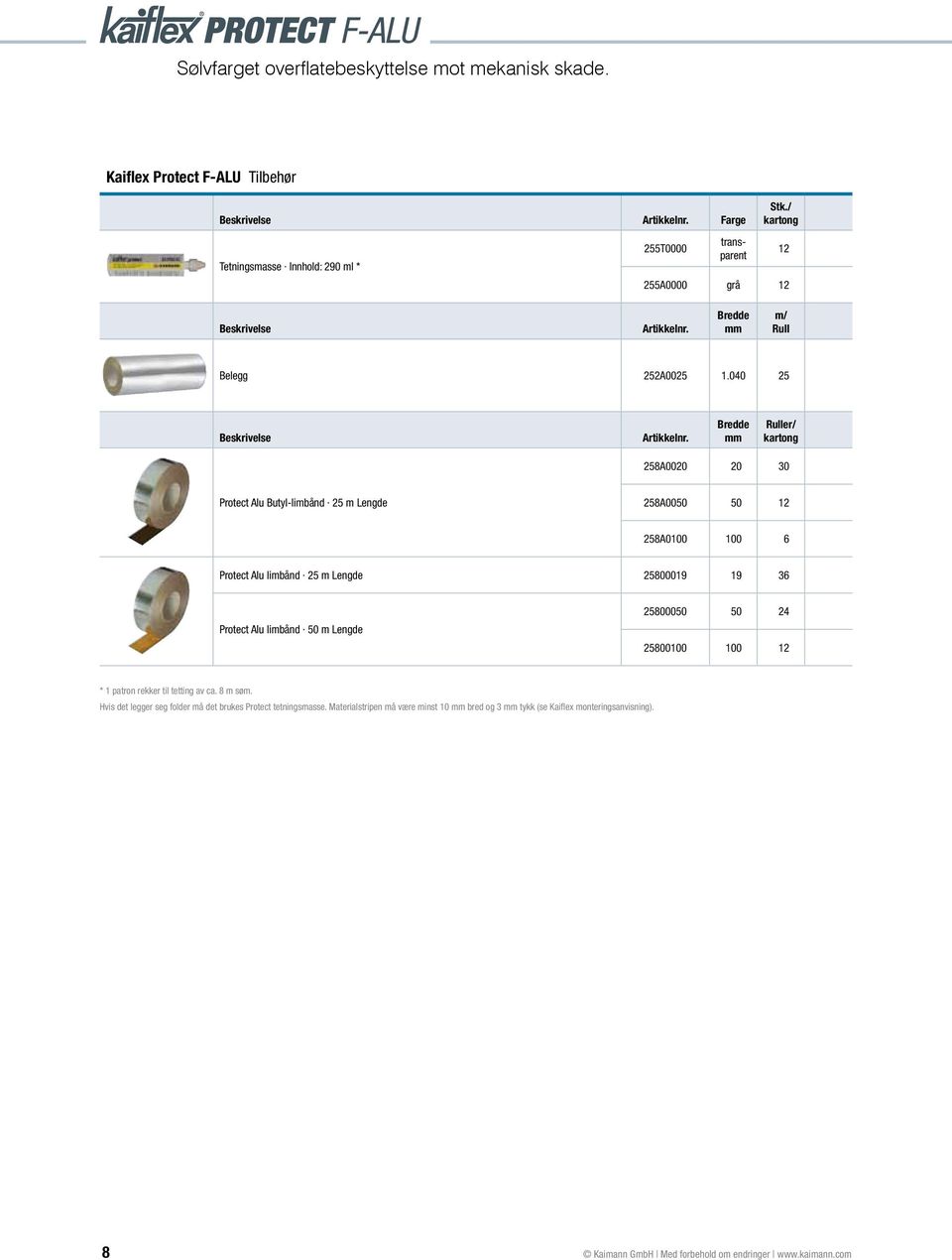 Bredde Ruller/ 258A0020 20 30 Protect Alu Butyl-limbånd 25 m Lengde 258A0050 50 12 258A0100 100 6 Protect Alu limbånd 25 m Lengde 25800019 19 36 Protect Alu limbånd 50 m Lengde