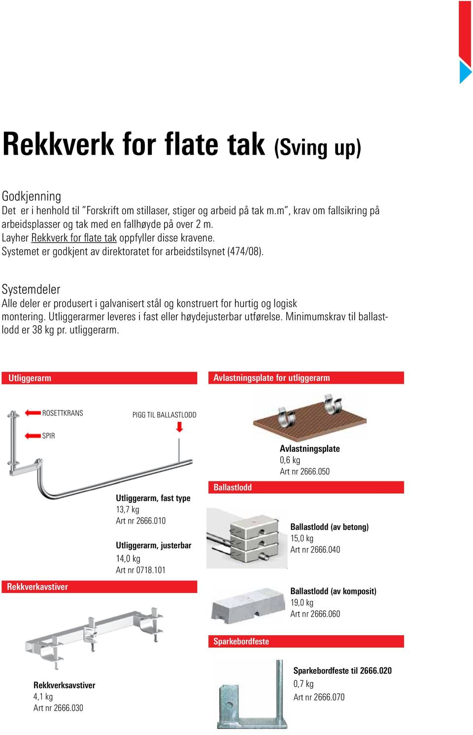 Systemdeler Alle deler er produsert i galvanisert stål og konstruert for hurtig og logisk montering. Utliggerarmer leveres i fast eller høydejusterbar utførelse.