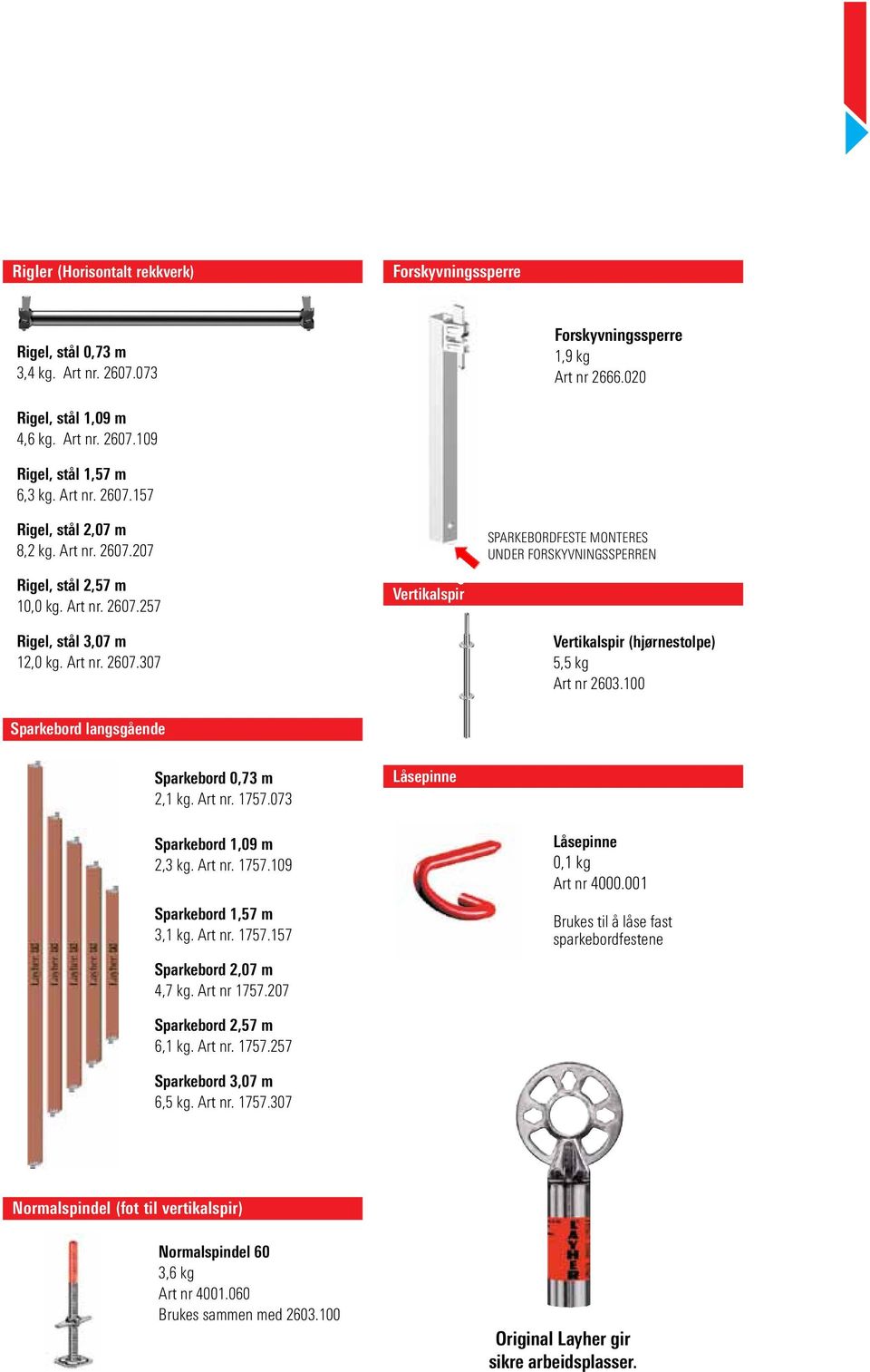 Art nr. 2607.307 Vertikalspir (hjørnestolpe) 5,5 kg Art nr 2603.100 Sparkebord langsgående Sparkebord 0,73 m 2,1 kg. Art nr. 1757.073 Låsepinne Sparkebord 1,09 m 2,3 kg. Art nr. 1757.109 Sparkebord 1,57 m 3,1 kg.