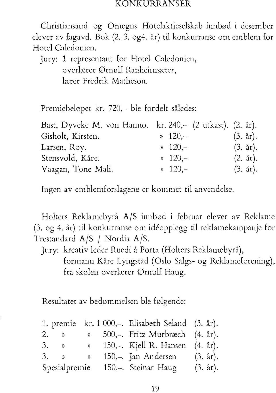 Gisholt, Kirstcn.» 120, (3. år). Larsen, Roy.» 120, (3. år). Stensvold, Kåre.» 120, (2. år). Vaagan, Tone Mali.» 120, (3. år). Ingen av emblemforslagene er kommet til anvendelse.