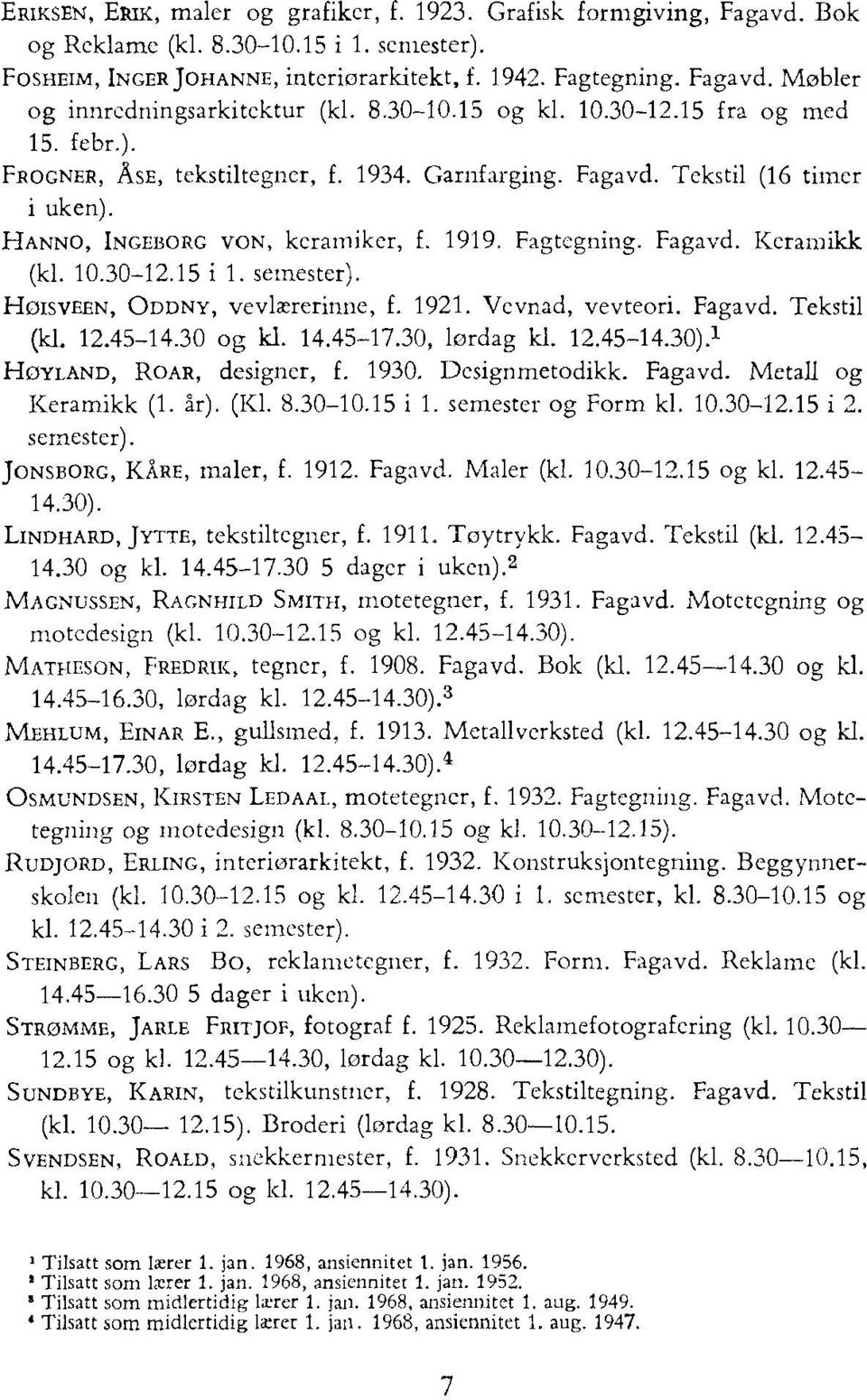 10.30-12.15 i 1. setnester). HOISVEEN, ODDNY, vevlærerinne, f. 1921. Vcvnad, vevteori. Fagavd. Tekstil (kl. 12.45-14.30 og kl. 14.45-17.30, lørdag kl. 12.45-14.30).1 HOYLAND, ROAR, designcr, f.