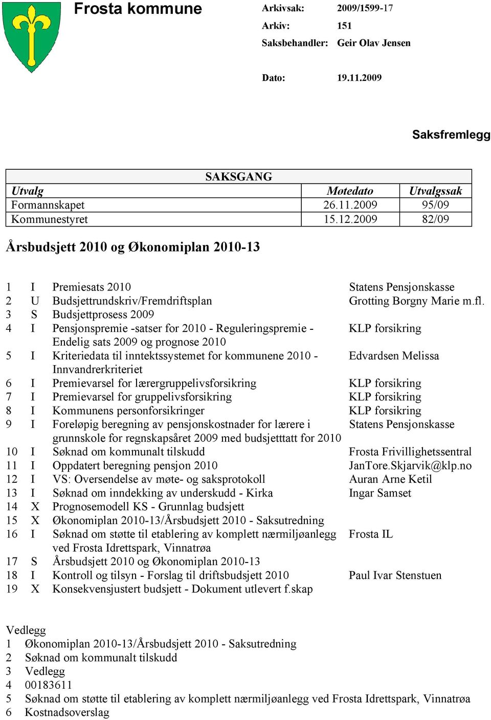 3 S Budsjettprosess 2009 4 I Pensjonspremie -satser for 2010 - Reguleringspremie - KLP forsikring Endelig sats 2009 og prognose 2010 5 I Kriteriedata til inntektssystemet for kommunene 2010 -