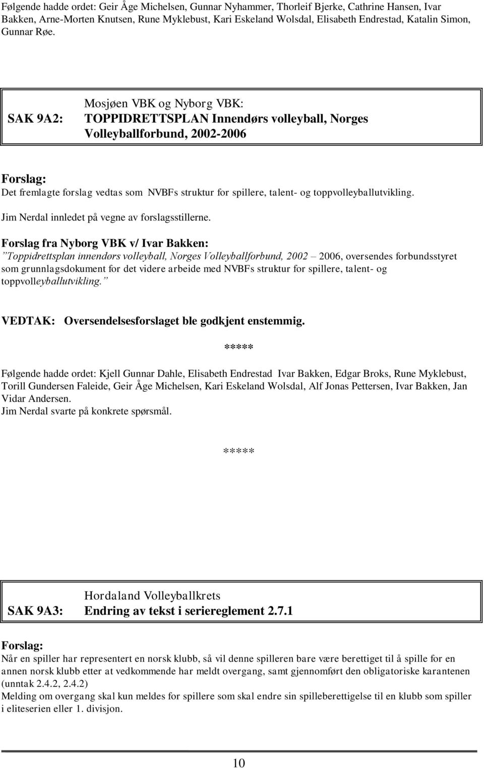 SAK 9A2: Mosjøen VBK og Nyborg VBK: TOPPIDRETTSPLAN Innendørs volleyball, Norges Volleyballforbund, 2002-2006 Forslag: Det fremlagte forslag vedtas som NVBFs struktur for spillere, talent- og