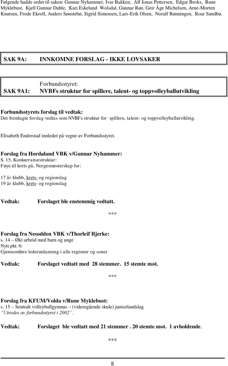 SAK 9A: INNKOMNE FORSLAG - IKKE LOVSAKER SAK 9A1: Forbundsstyret: NVBFs struktur for spillere, talent- og toppvolleyballutvikling Forbundsstyrets forslag til vedtak: Det fremlagte forslag vedtas som