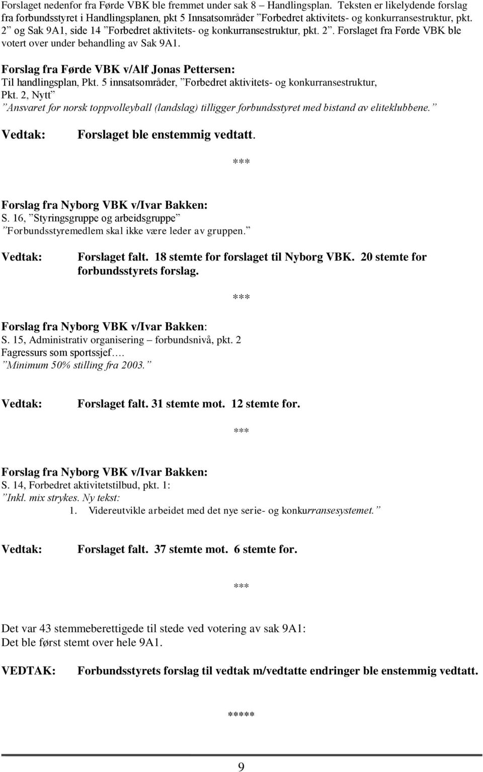 2 og Sak 9A1, side 14 Forbedret aktivitets- og konkurransestruktur, pkt. 2. Forslaget fra Førde VBK ble votert over under behandling av Sak 9A1.