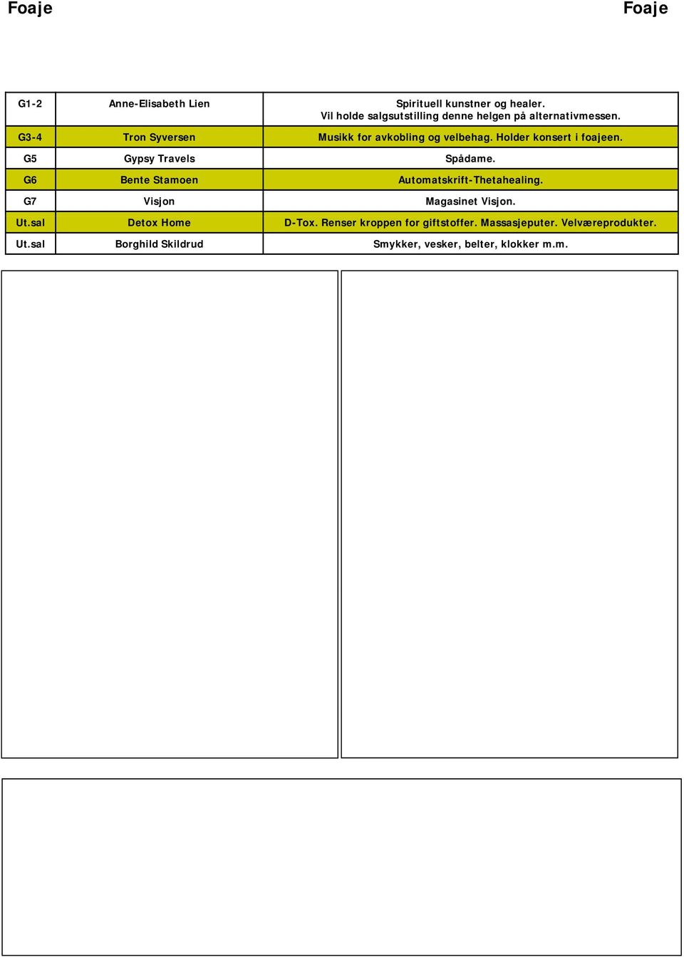 Holder konsert i foajeen. G5 Gypsy Travels Spådame. G6 Bente Stamoen Automatskrift-Thetahealing.