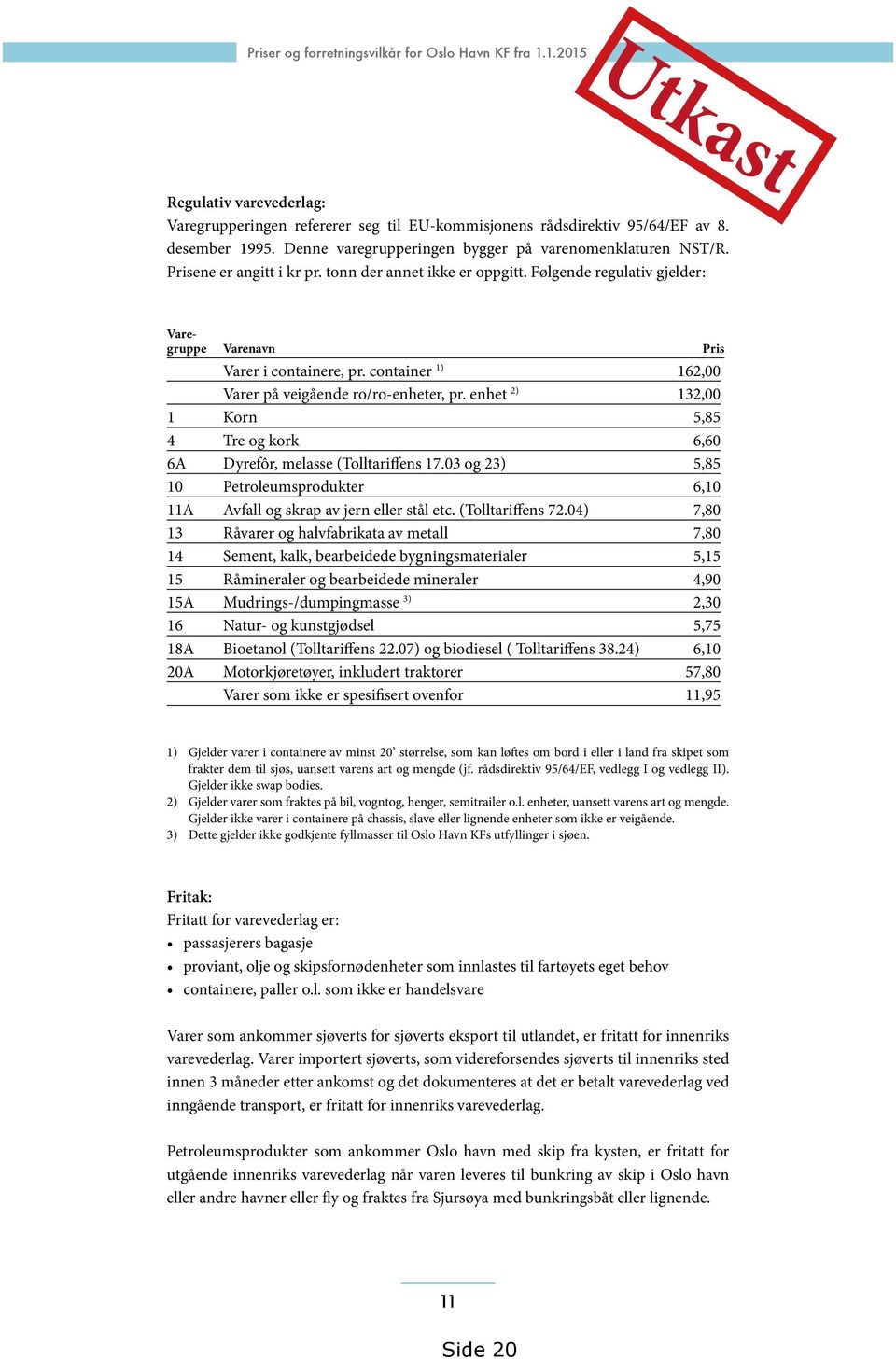 container 1) 162,00 Varer på veigående ro/ro-enheter, pr. enhet 2) 132,00 1 Korn 5,85 4 Tre og kork 6,60 6A Dyrefôr, melasse (Tolltariffens 17.