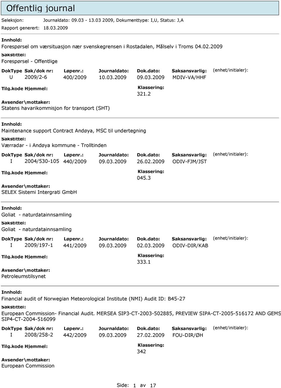 2 Statens havarikommisjon for transport (SHT) Maintenance support Contract Andøya, MSC til undertegning Værradar - i Andøya kommune - Trolltinden 2004/530-105 440/2009 26.02.2009 ODV-FJM/JST 045.