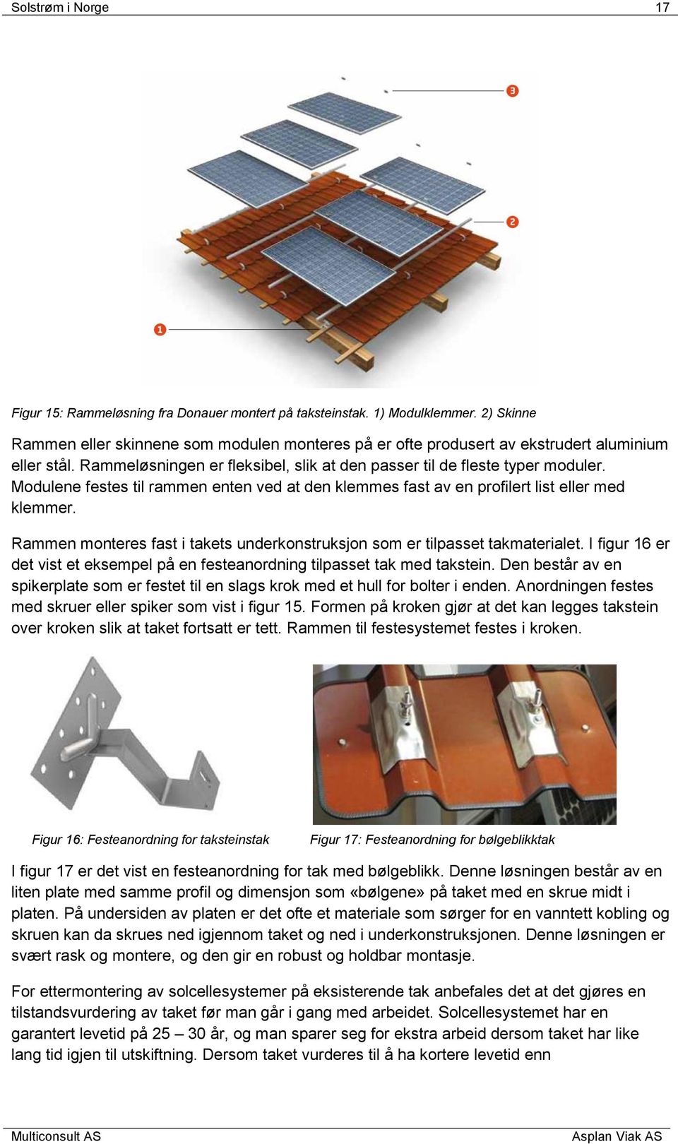 Modulene festes til rammen enten ved at den klemmes fast av en profilert list eller med klemmer. Rammen monteres fast i takets underkonstruksjon som er tilpasset takmaterialet.