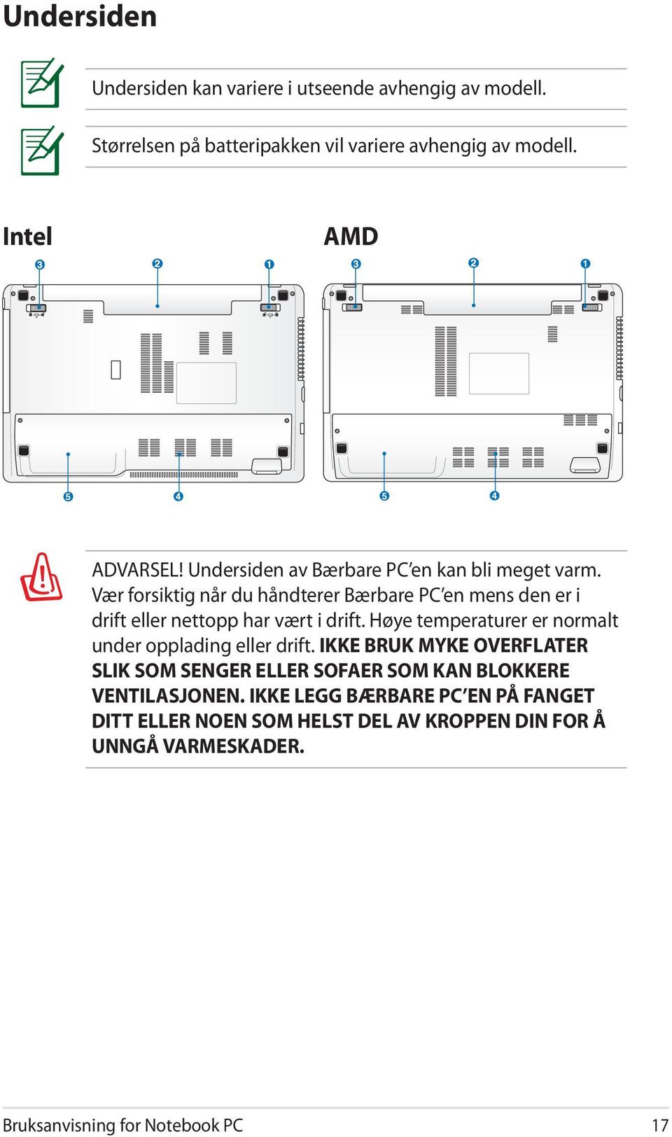 Vær forsiktig når du håndterer Bærbare PC en mens den er i drift eller nettopp har vært i drift.