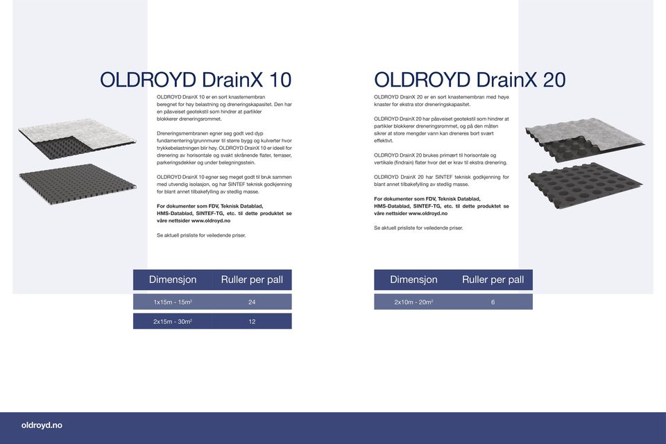 OLDROYD DrainX 10 er ideell for drenering av horisontale og svakt skrånende flater, terraser, parkeringsdekker og under belegningsstein.