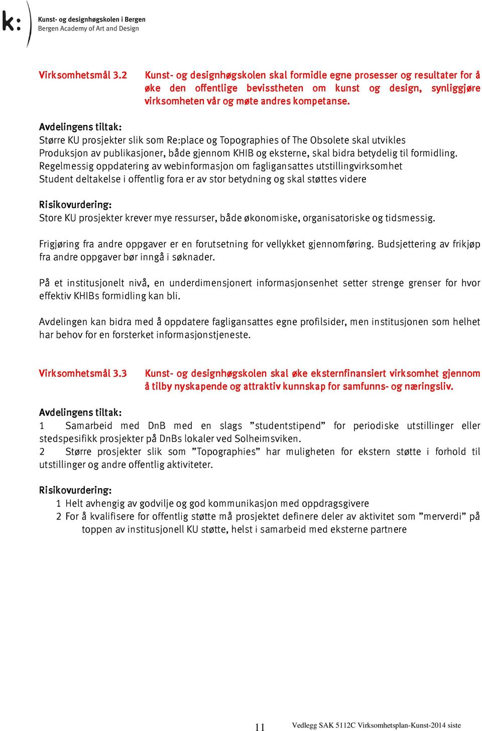 Større KU prosjekter slik som Re:place og Topographies of The Obsolete skal utvikles Produksjon av publikasjoner, både gjennom KHIB og eksterne, skal bidra betydelig til formidling.