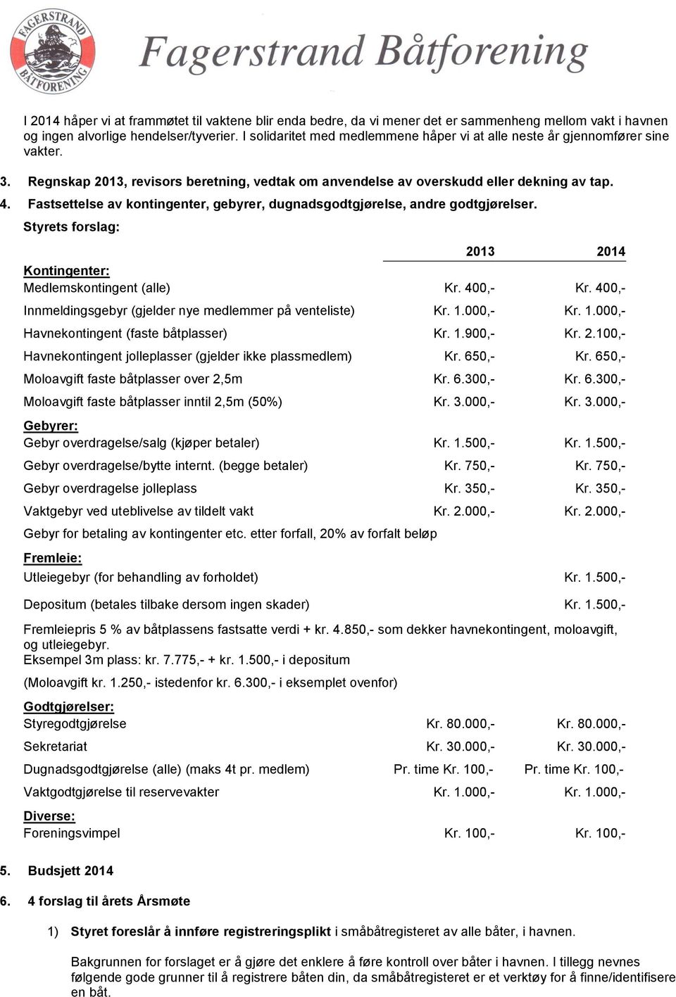 Fastsettelse av kontingenter, gebyrer, dugnadsgodtgjørelse, andre godtgjørelser. Styrets forslag: 2013 2014 Kontingenter: Medlemskontingent (alle) Kr. 400,- Kr.