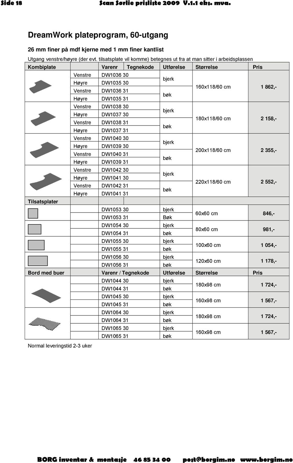 bøk 160x118/60 cm 1 862,- Venstre DW1038 30 Høyre DW1037 30 bjerk Venstre DW1038 31 Høyre DW1037 31 bøk 180x118/60 cm 2 158,- Venstre DW1040 30 Høyre DW1039 30 bjerk Venstre DW1040 31 Høyre DW1039 31