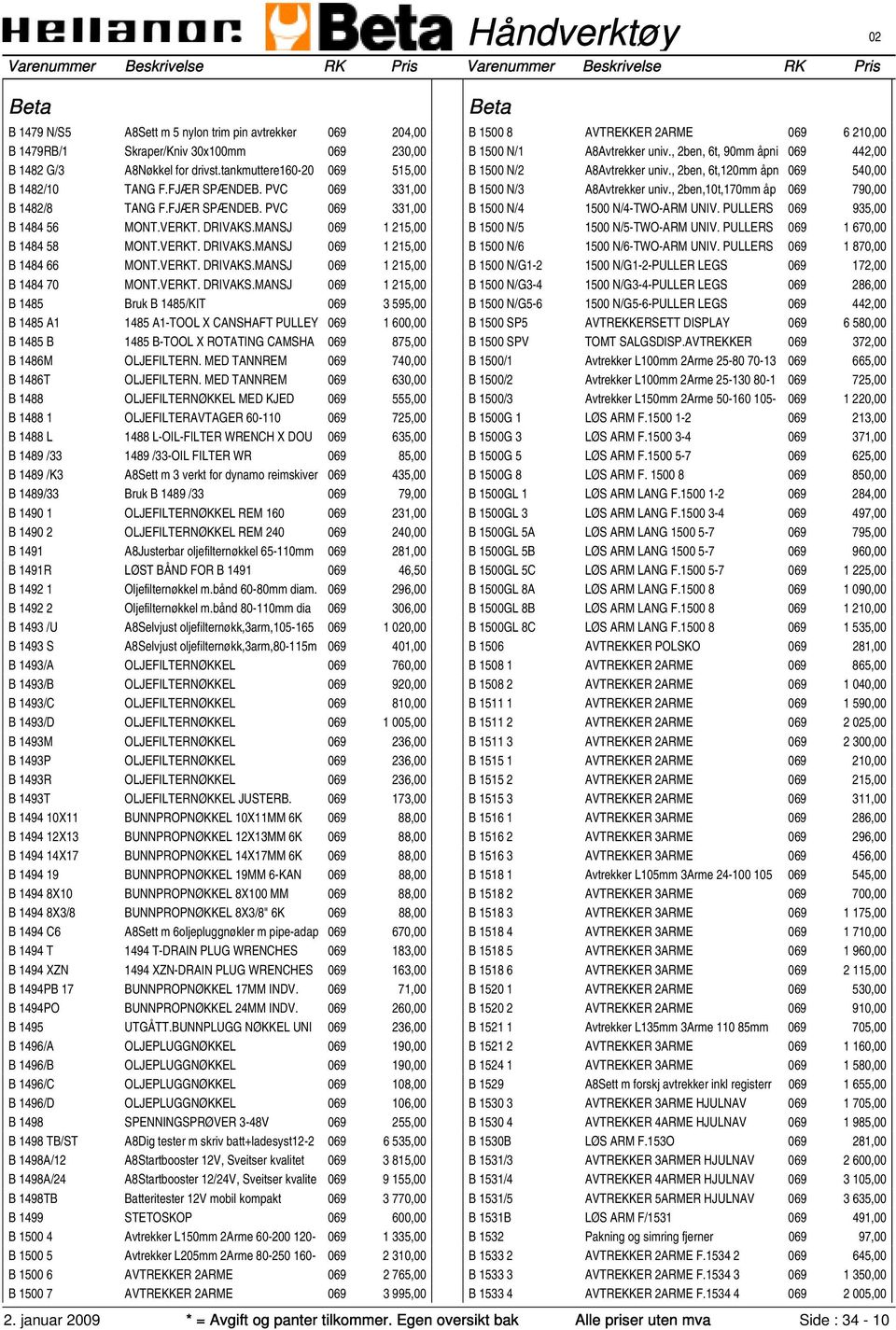 VERKT. DRIVAKS.MANSJ 069 1 215,00 B 1485 Bruk B 1485/KIT 069 3 595,00 B 1485 A1 1485 A1-TOOL X CANSHAFT PULLEY 069 1 600,00 B 1485 B 1485 B-TOOL X ROTATING CAMSHA 069 875,00 B 1486M OLJEFILTERN.