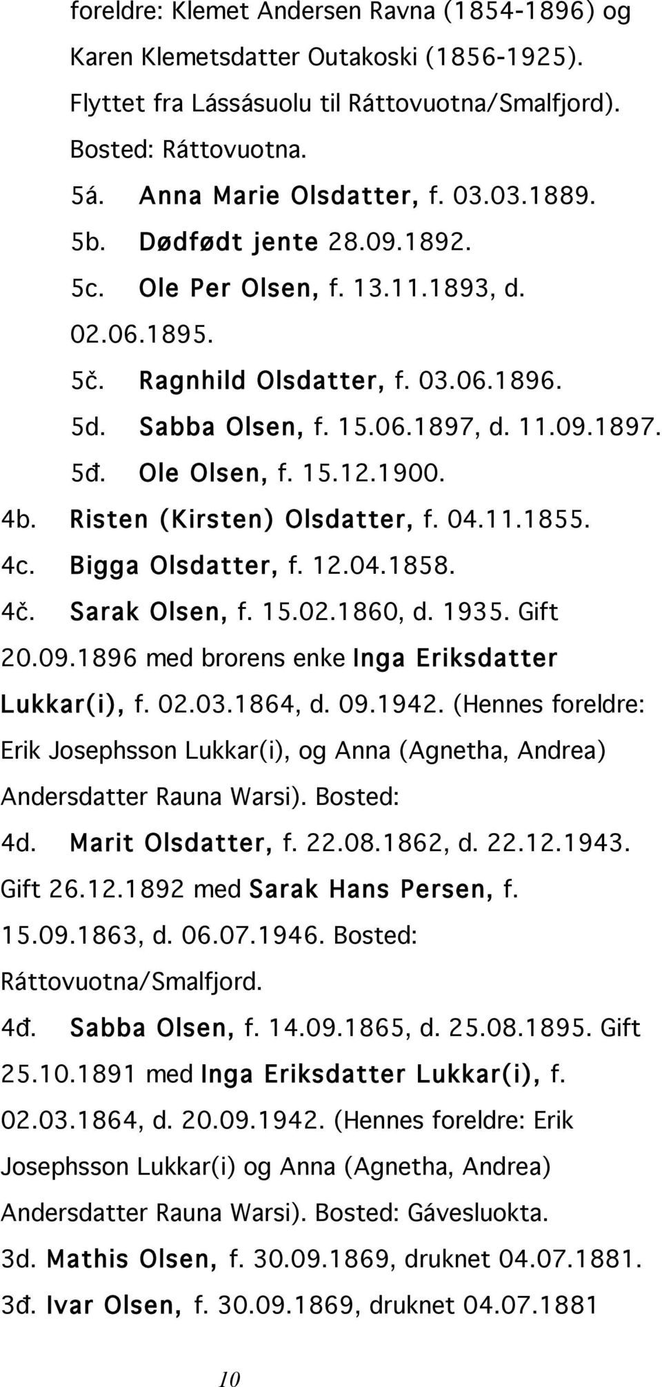 Risten (Kirsten) Olsdatter, f. 04.11.1855. 4c. Bigga Olsdatter, f. 12.04.1858. 4č. Sarak Olsen, f. 15.02.1860, d. 1935. Gift 20.09.1896 med brorens enke Inga Eriksdatter Lukkar(i), f. 02.03.1864, d.