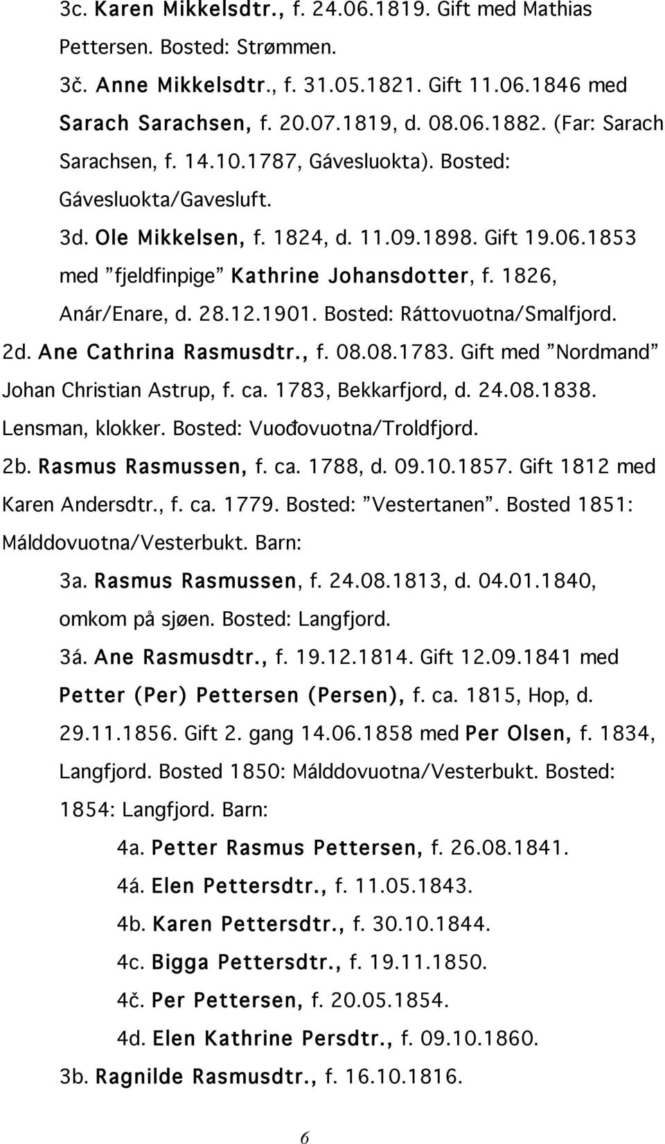 1826, Anár/Enare, d. 28.12.1901. Bosted: Ráttovuotna/Smalfjord. 2d. Ane Cathrina Rasmusdtr., f. 08.08.1783. Gift med Nordmand Johan Christian Astrup, f. ca. 1783, Bekkarfjord, d. 24.08.1838.