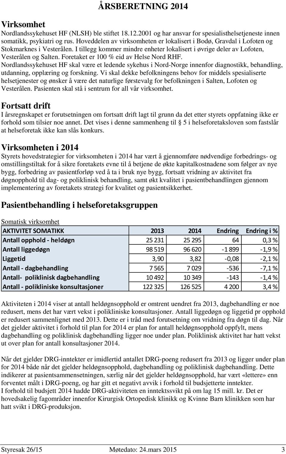 Foretaket er 100 % eid av Helse Nord RHF. Nordlandssykehuset HF skal være et ledende sykehus i Nord-Norge innenfor diagnostikk, behandling, utdanning, opplæring og forskning.