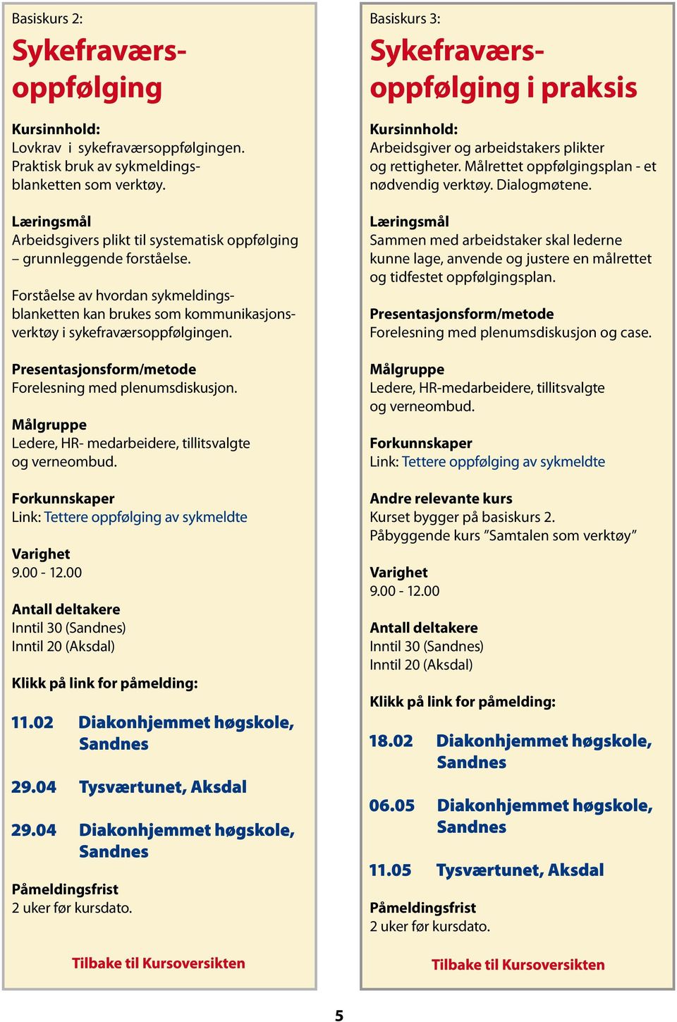 Link: 9.00-12.00 Inntil 30 (Sandnes) Inntil 20 (Aksdal) Basiskurs 3: Sykefraværsoppfølging i praksis : Arbeidsgiver og arbeidstakers plikter og rettigheter.