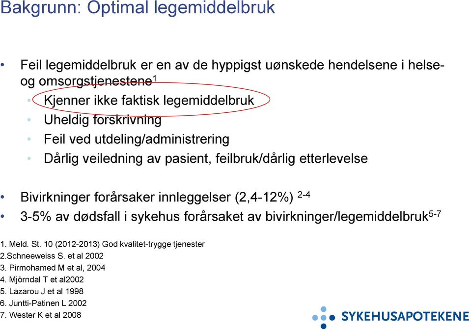 innleggelser (2,4-12%) 2-4 3-5% av dødsfall i sykehus forårsaket av bivirkninger/legemiddelbruk 5-7 1. Meld. St.