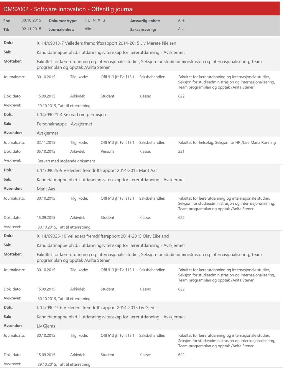 2015 Arkivdel: Personal Besvart med utgående dokument I, 14/09025-9 Veileders fremdriftsrapport 2014-2015 Marit Aas Kandidatmappe ph.d. i utdanningsvitenskap for lærerutdanning - Marit Aas, Tatt til etterretning X, 14/09025-10 Veileders fremdriftsrapport 2014-2015 Olav Eikeland Kandidatmappe ph.