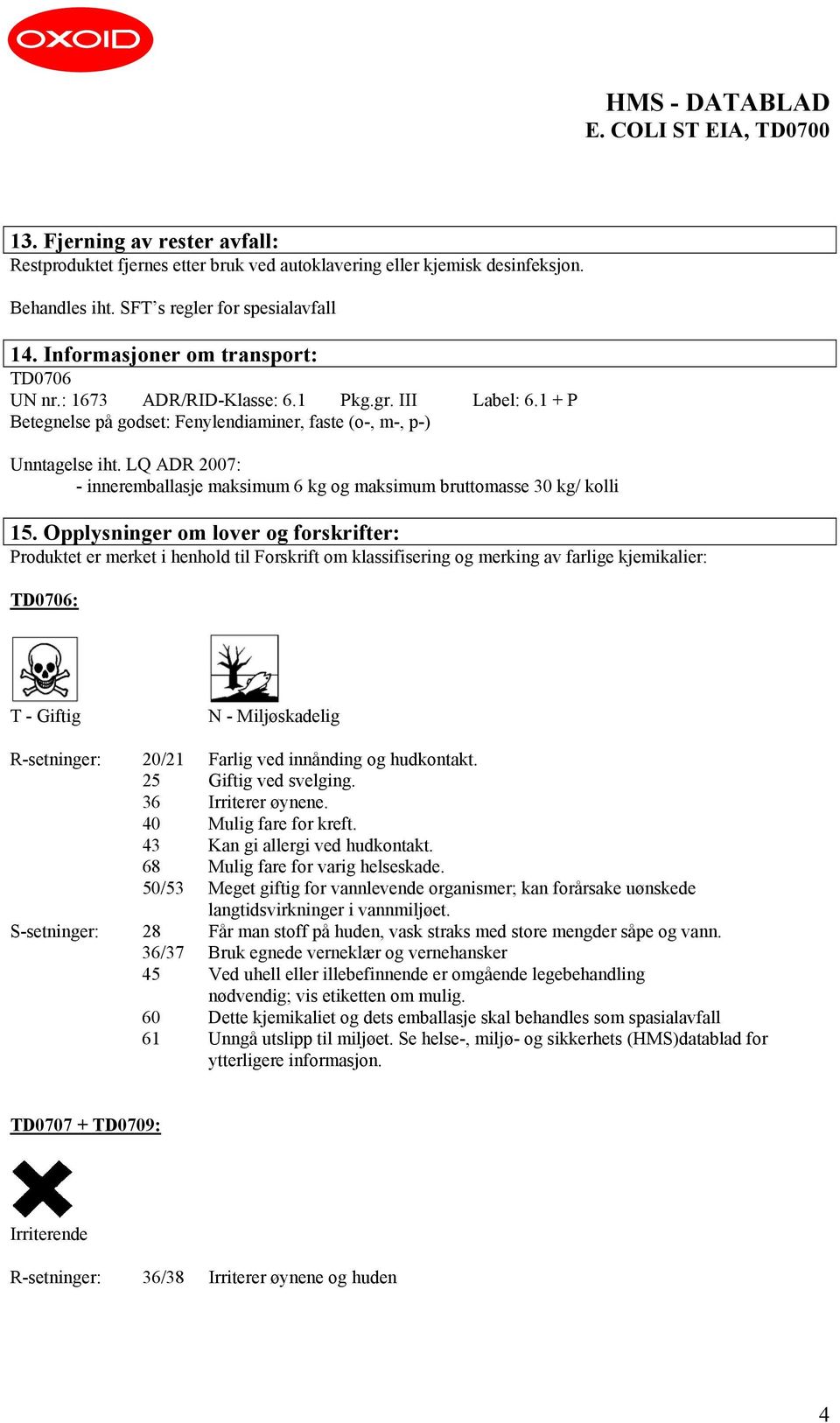 LQ ADR 2007: - inneremballasje maksimum 6 kg og maksimum bruttomasse 30 kg/ kolli 15.