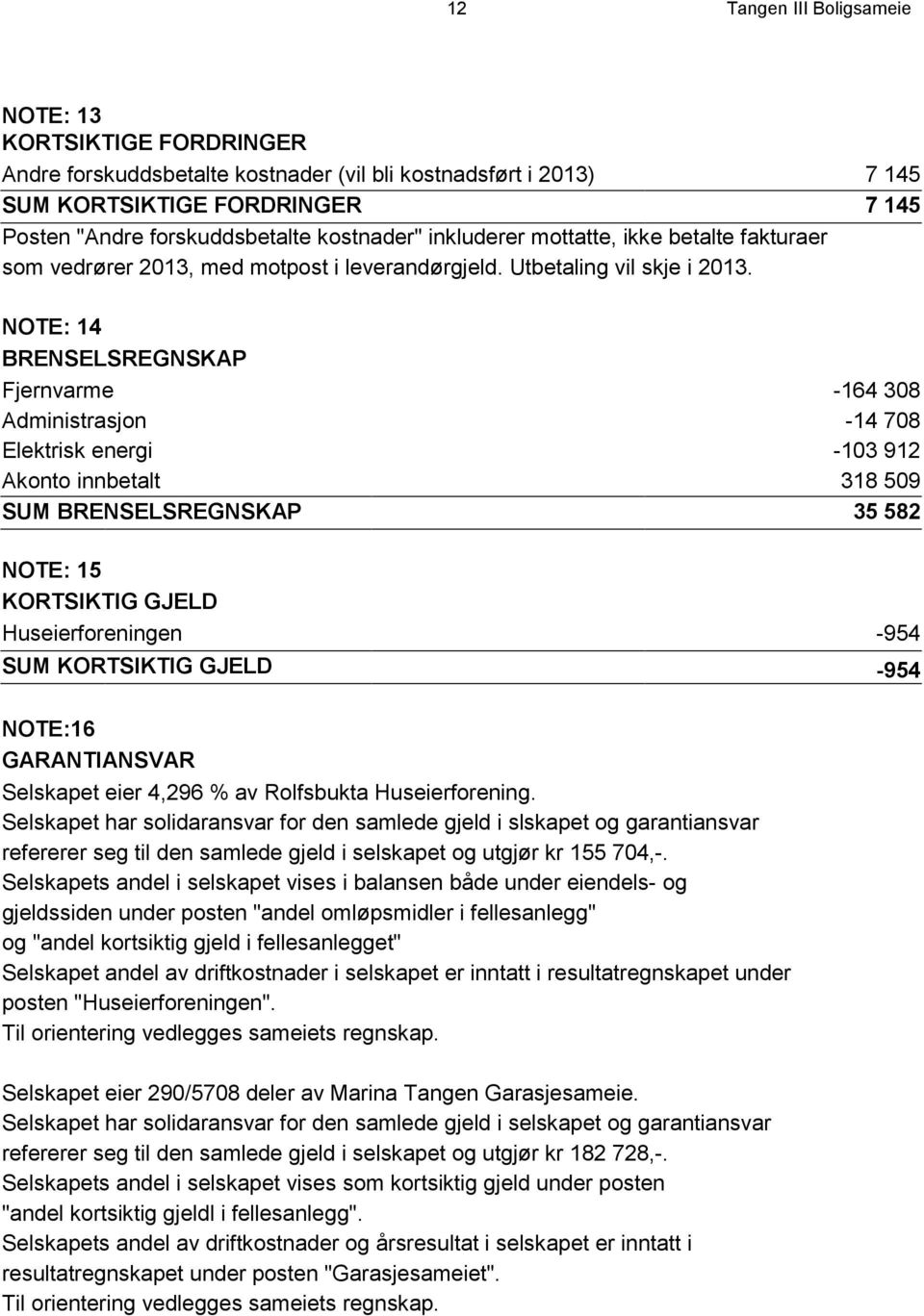 NOTE: 14 BRENSELSREGNSKAP Fjernvarme -164 308 Administrasjon -14 708 Elektrisk energi -103 912 Akonto innbetalt 318 509 SUM BRENSELSREGNSKAP 35 582 NOTE: 15 KORTSIKTIG GJELD Huseierforeningen -954