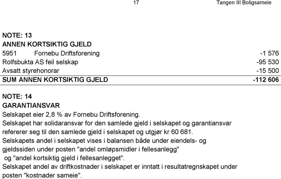 Selskapet har solidaransvar for den samlede gjeld i selskapet og garantiansvar refererer seg til den samlede gjeld i selskapet og utgjør kr 60 681.