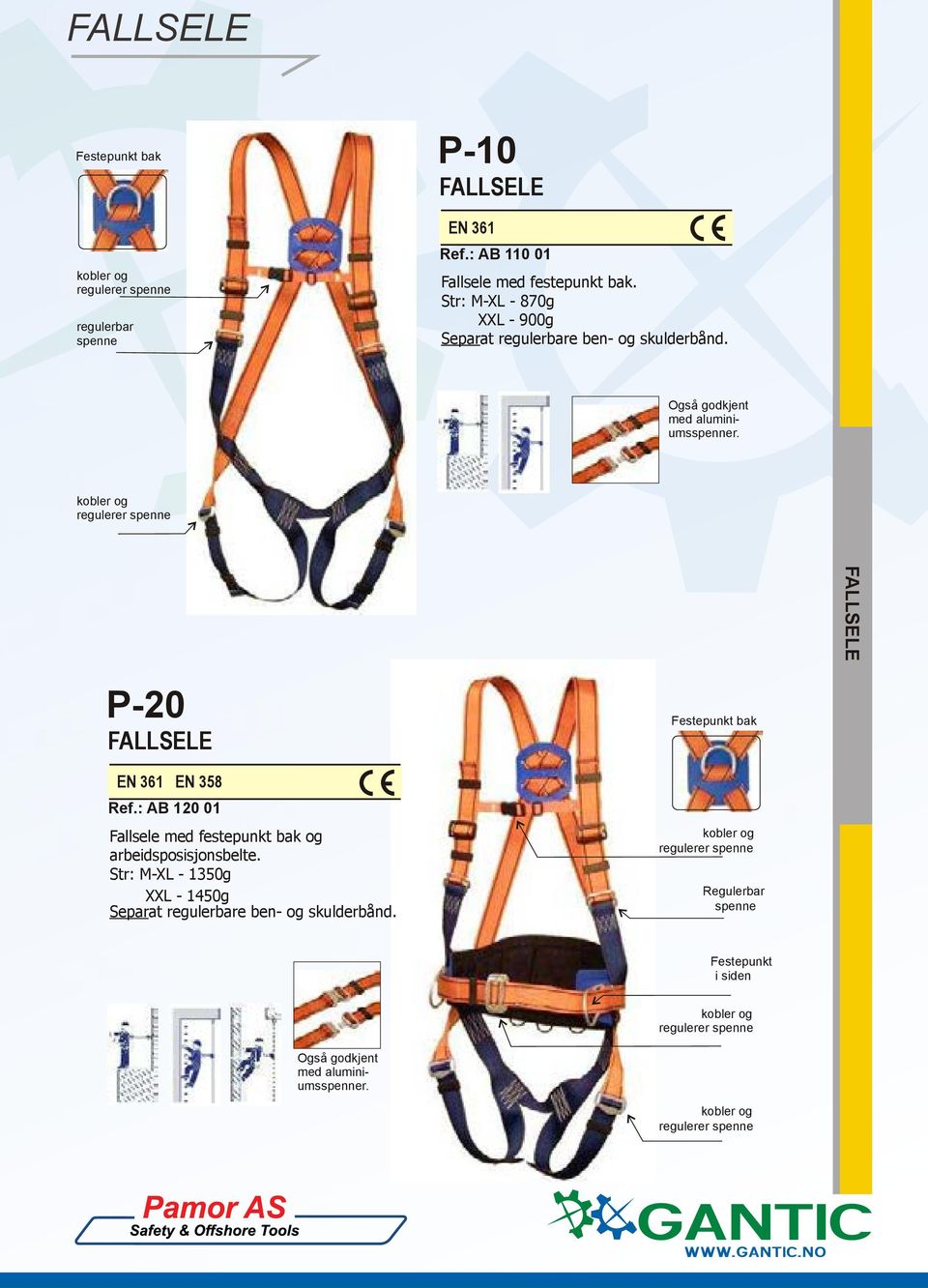 kobler og regulerer spenne P-20 EN 361 EN 358 Ref.: AB 120 01 Fallsele med festepunkt bak og arbeidsposisjonsbelte.