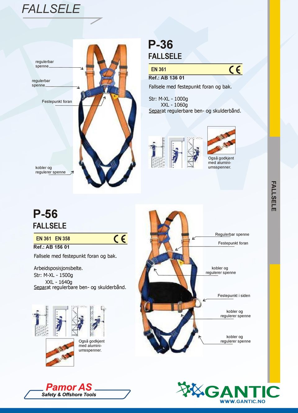 P-56 EN 361 EN 358 Ref.: AB 156 01 Fallsele med festepunkt foran og bak. Arbeidsposisjonsbelte.