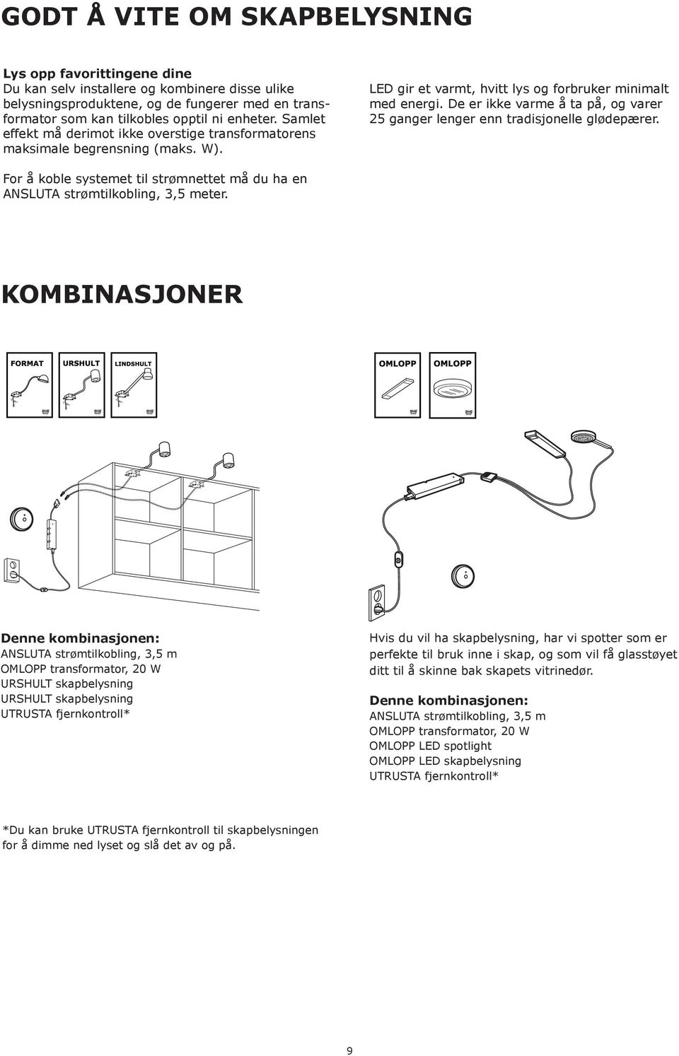 De er ikke varme å ta på, og varer 25 ganger lenger enn tradisjonelle glødepærer. For å koble systemet til strømnettet må du ha en ANSLUTA strømtilkobling, 3,5 meter.