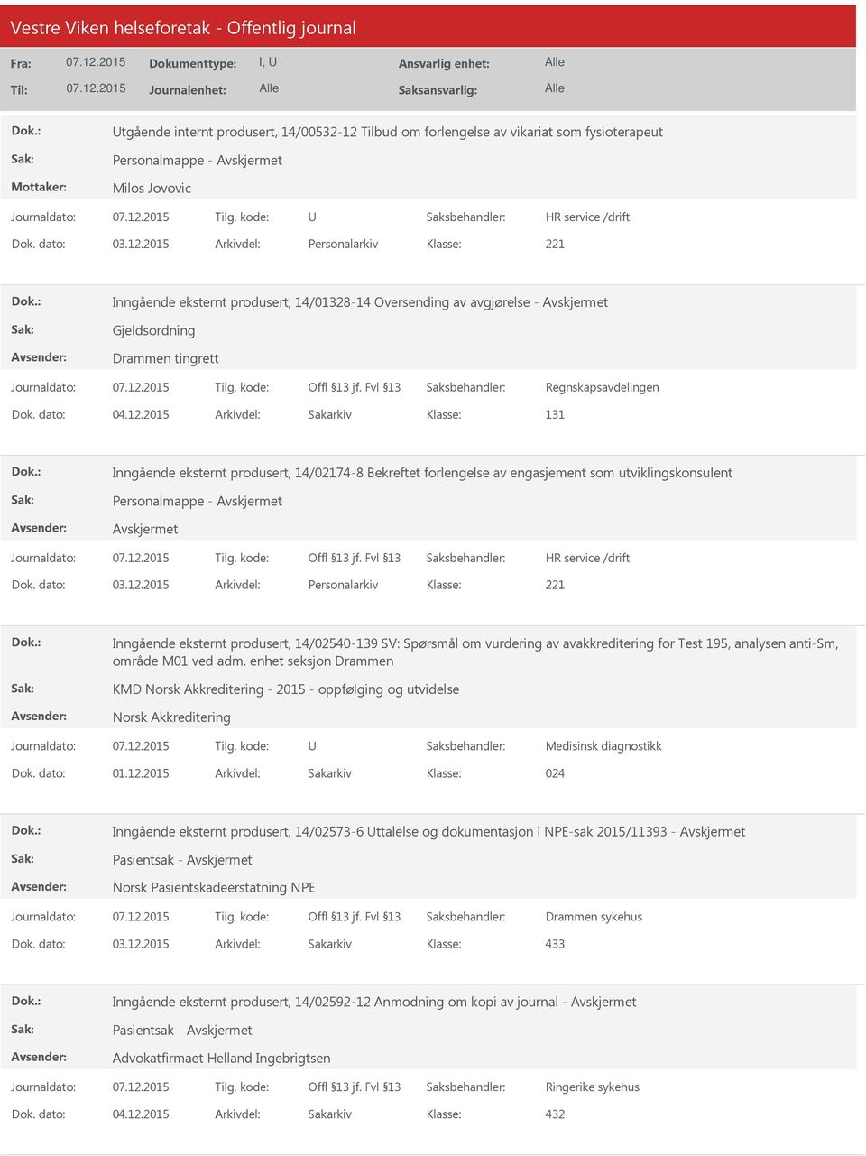 enhet seksjon Drammen KMD Norsk Akkreditering - 2015 - oppfølging og utvidelse Norsk Akkreditering Medisinsk diagnostikk Dok. dato: 01.12.