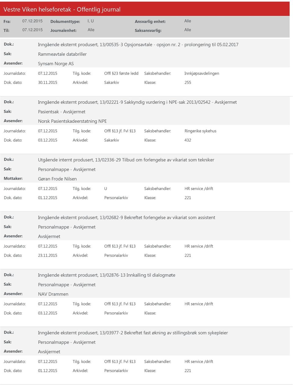 produsert, 13/02336-29 Tilbud om forlengelse av vikariat som tekniker Personalmappe - Gøran Frode Nilsen Dok. dato: 01.12.