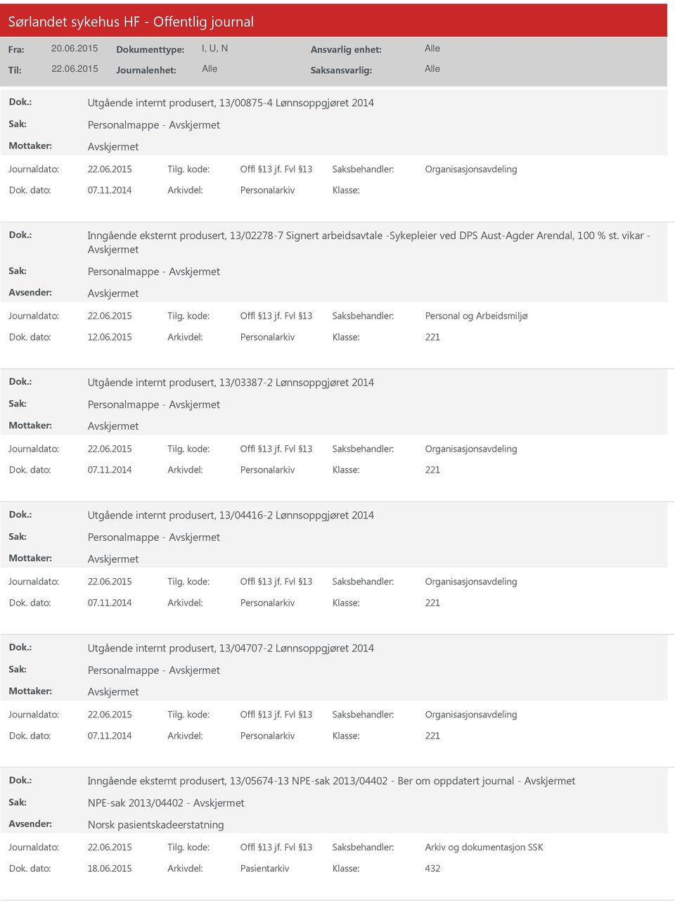 2015 Arkivdel: Personalarkiv tgående internt produsert, 13/03387-2 Lønnsoppgjøret 2014 Personalmappe - Organisasjonsavdeling Dok. dato: 07.11.