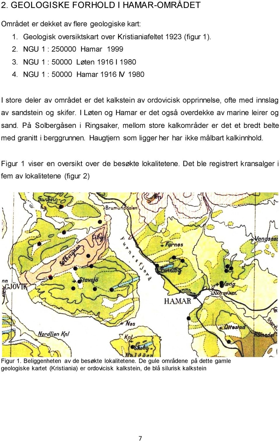 I Løten og Hamar er det også overdekke av marine leirer og sand. På Solbergåsen i Ringsaker, mellom store kalkområder er det et bredt belte med granitt i berggrunnen.