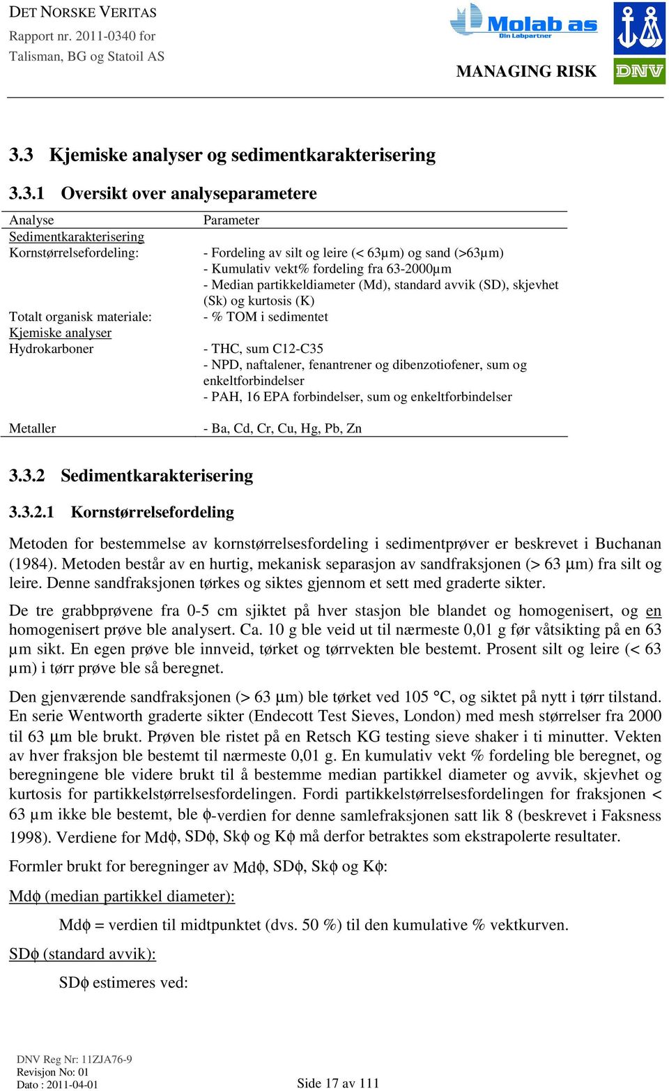 (K) - % TOM i sedimentet - THC, sum C12-C35 - NPD, naftalener, fenantrener og dibenzotiofener, sum og enkeltforbindelser - PAH, 16 EPA forbindelser, sum og enkeltforbindelser Metaller - Ba, Cd, Cr,