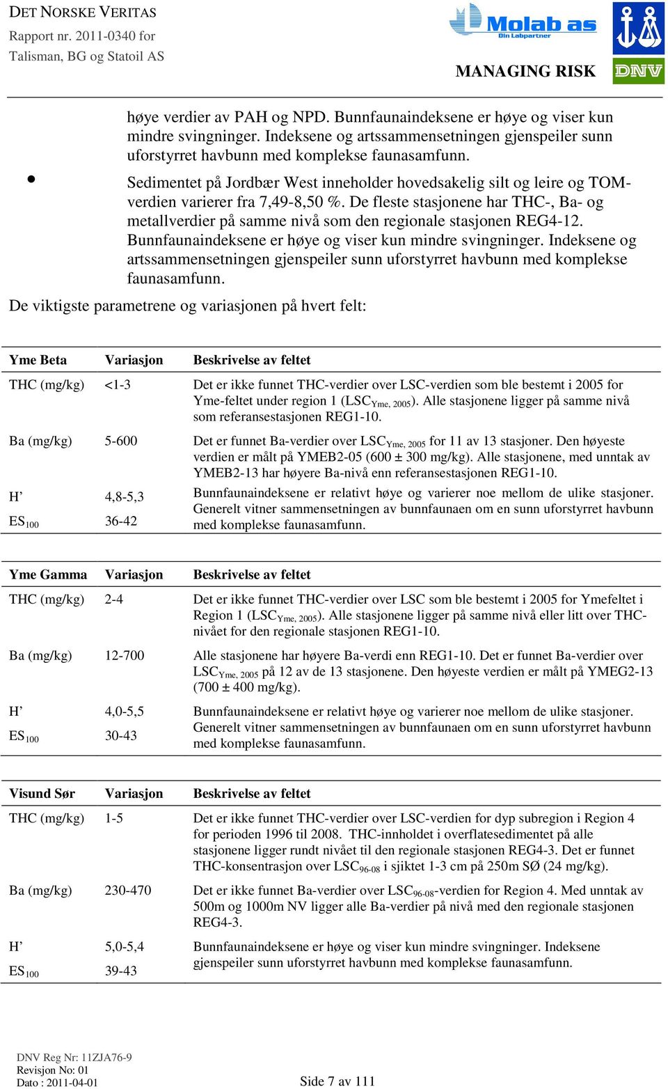 De fleste stasjonene har THC-, Ba- og metallverdier på samme nivå som den regionale stasjonen REG4-12. Bunnfaunaindeksene er høye og viser kun mindre svingninger.