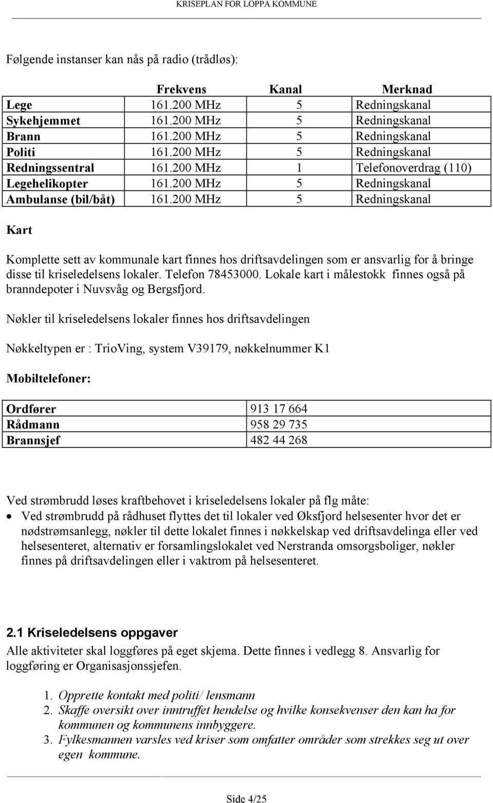 200 MHz 5 Redningskanal Kart Komplette sett av kommunale kart finnes hos driftsavdelingen som er ansvarlig for å bringe disse til kriseledelsens lokaler. Telefon 78453000.