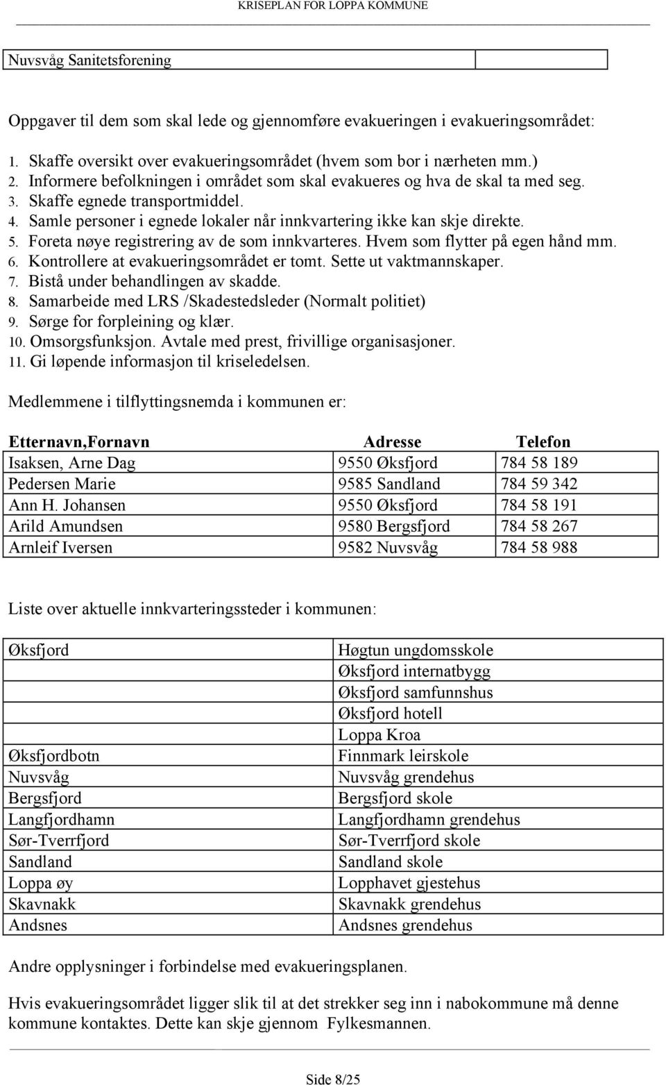 Foreta nøye registrering av de som innkvarteres. Hvem som flytter på egen hånd mm. 6. Kontrollere at evakueringsområdet er tomt. Sette ut vaktmannskaper. 7. Bistå under behandlingen av skadde. 8.