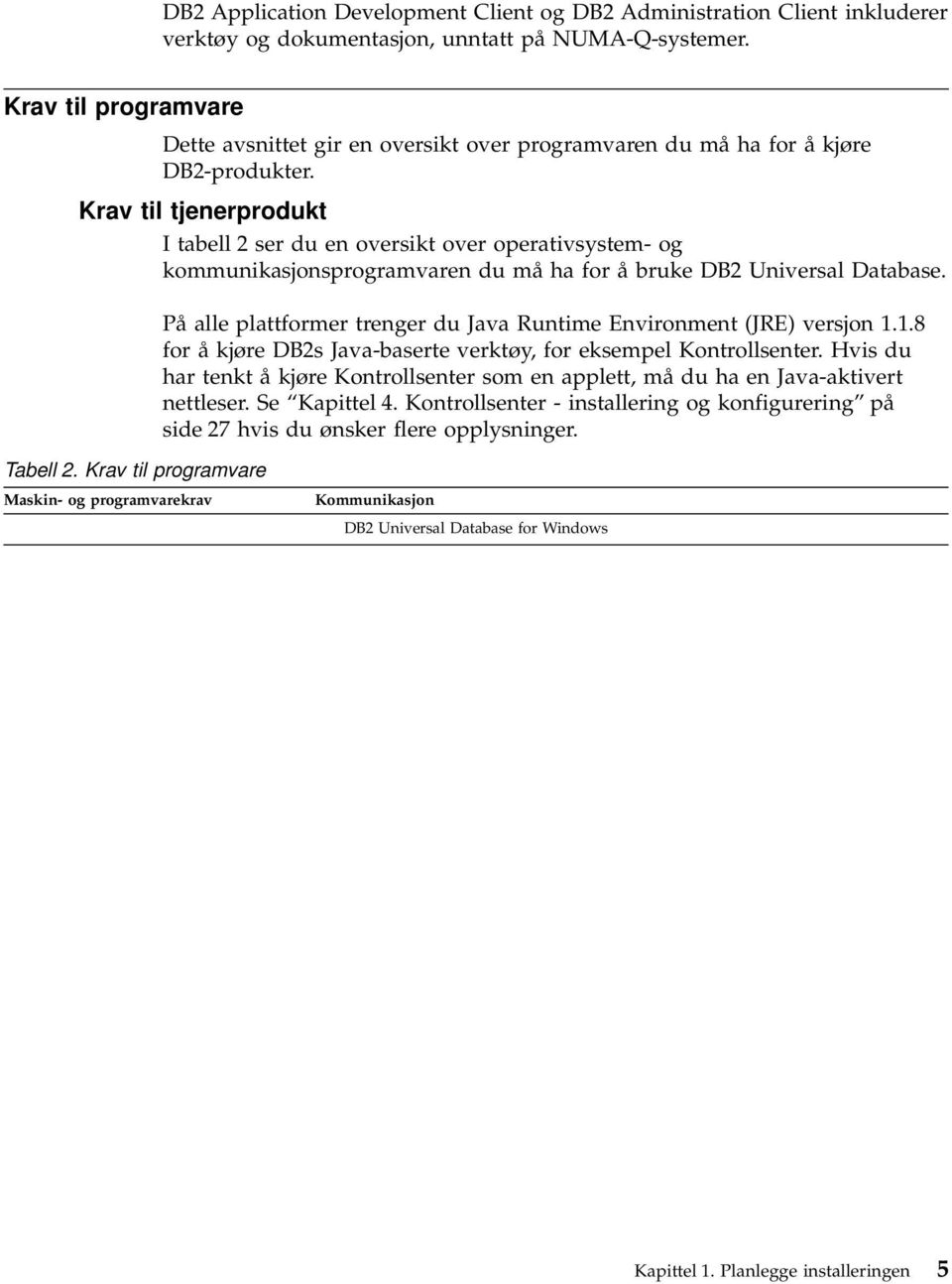 Krav til tjenerprodukt I tabell 2 ser du en oversikt over operativsystem- og kommunikasjonsprogramvaren du må ha for å bruke DB2 Universal Database.