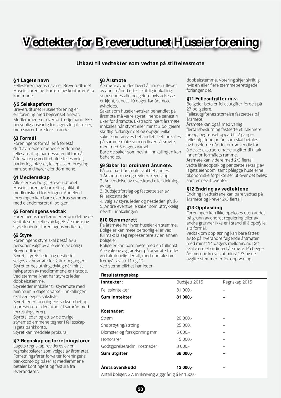 3 Formål Foreningens formål er å forestå drift av medlemmenes eiendom og fellesareal, og har dessuten til formål å forvalte og vedlikeholde felles veier, parkeringsplasser, lekeplasser, brøyting mm.