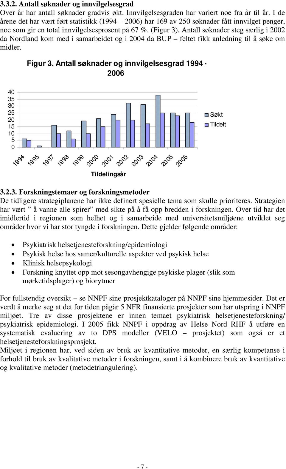 Antall søknader steg særlig i 2002 da Nordland kom med i samarbeidet og i 2004 da BUP feltet fikk anledning til å søke om midler. Figur 3.