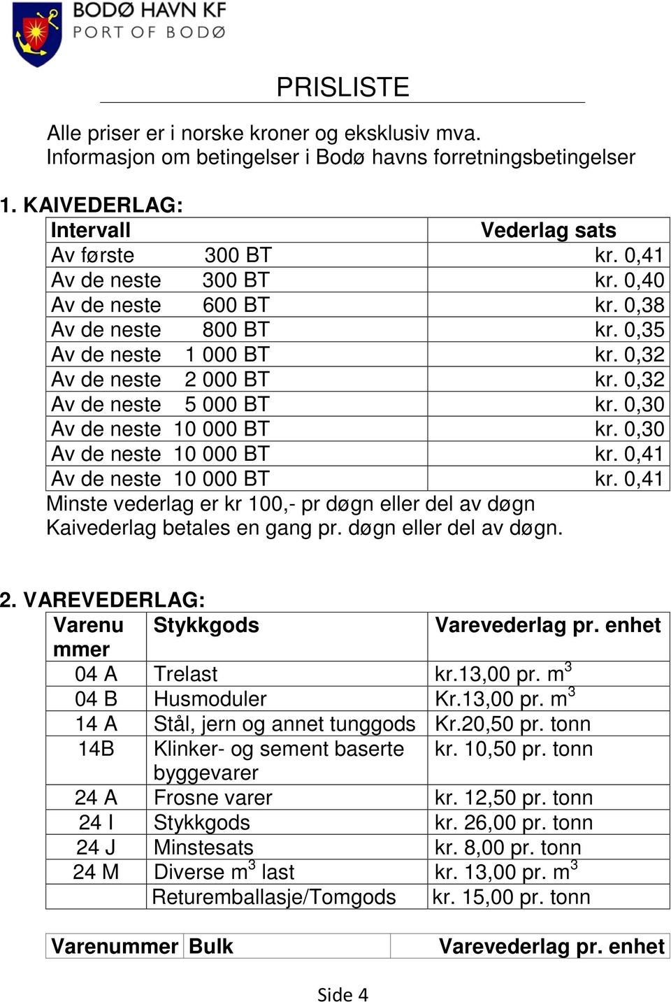 0,30 Av de neste 10 000 BT kr. 0,41 Av de neste 10 000 BT kr. 0,41 Minste vederlag er kr 100,- pr døgn eller del av døgn Kaivederlag betales en gang pr. døgn eller del av døgn. 2.